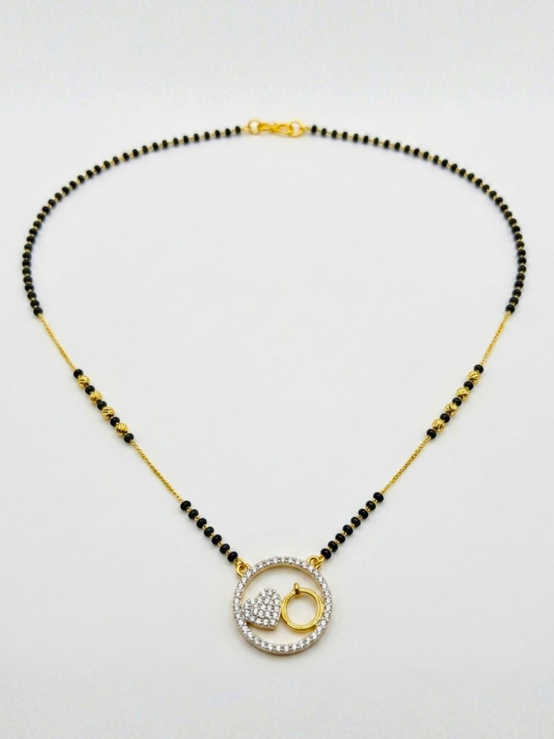 Gold-Plated American Diamond Heart & Ring Pendant Mangalsutra Necklace