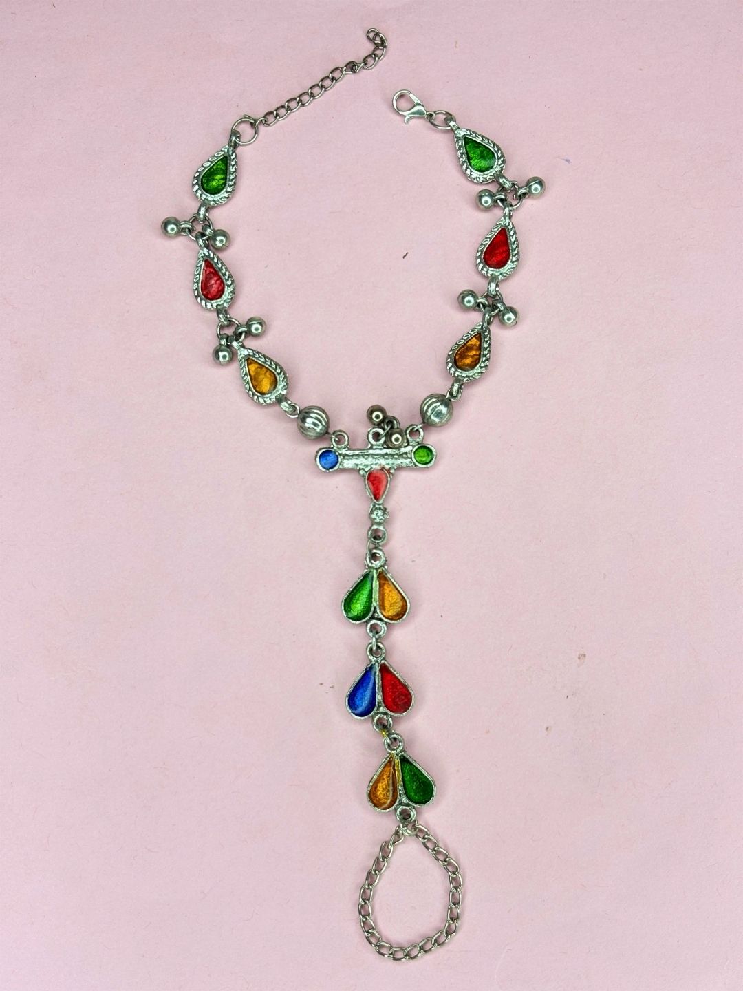 Oxidised Silver-Plated Multicolour Teardrop Stone Haath Phool Hand Harness Bracelet