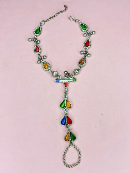Oxidised Silver-Plated Multicolour Teardrop Stone Haath Phool Hand Harness Bracelet