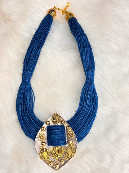 Gold-Plated Oxidised Statement Blue Thread Jute Necklace
