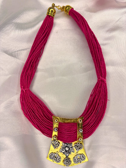Gold-Plated Oxidised Statement Pink Thread Jute Necklace
