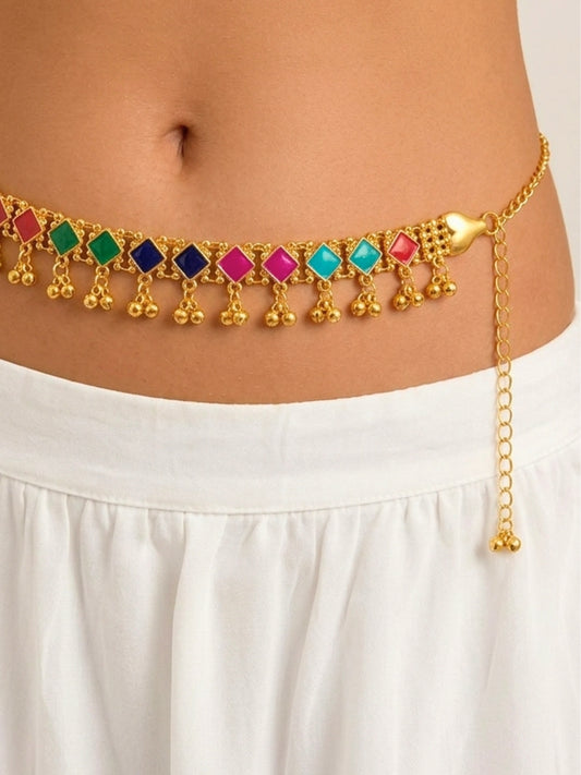 Women Gold-Plated Multicolour Stone Studded Kamarbandh Waist Belt