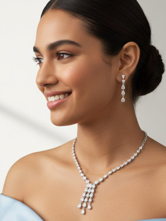 Silver Plated Ad & Cubic Zirconia Studded Premium Necklace Jewellery Set