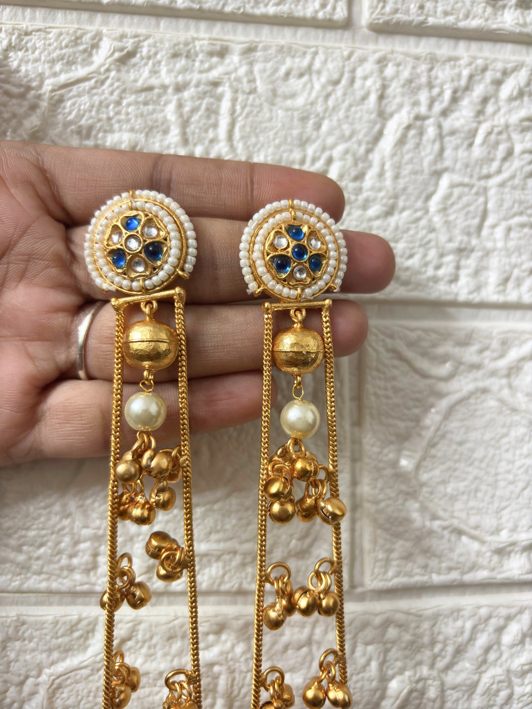 VIVAZS Gold Plated Kashmiri Long Drop Earrings(Blue and White)