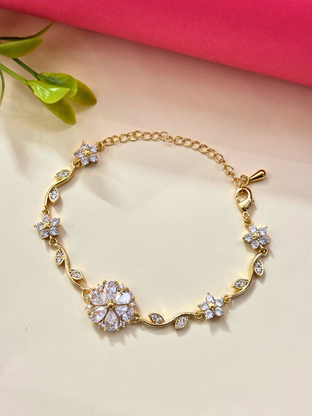 Gold-Plated Red & Green Stone Studded Waterproof & Anti-Tarnish Bracelet Tulip Bracelet