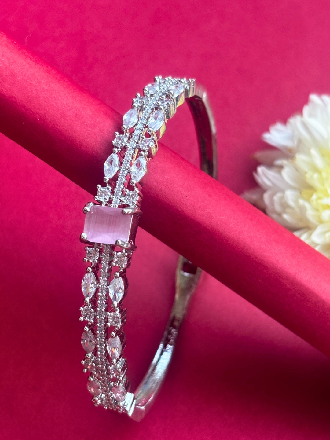Rhodium Plated Pink AD & Cubic Zirconia Studded Bangle-Style Openable Bracelet