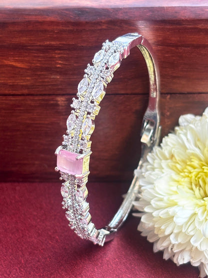 Rhodium Plated Pink AD & Cubic Zirconia Studded Bangle-Style Openable Bracelet