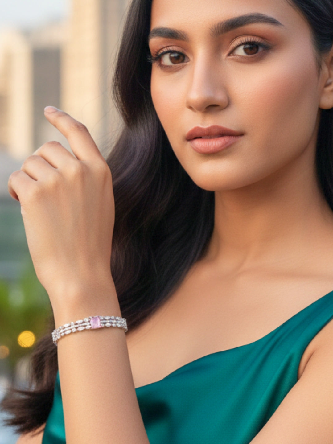 Rhodium Plated Pink AD & Cubic Zirconia Studded Bangle-Style Openable Bracelet