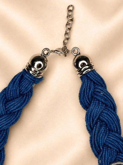 German Silver Floral Charm Statement Bohemian Meenakari Blue Jute Necklace