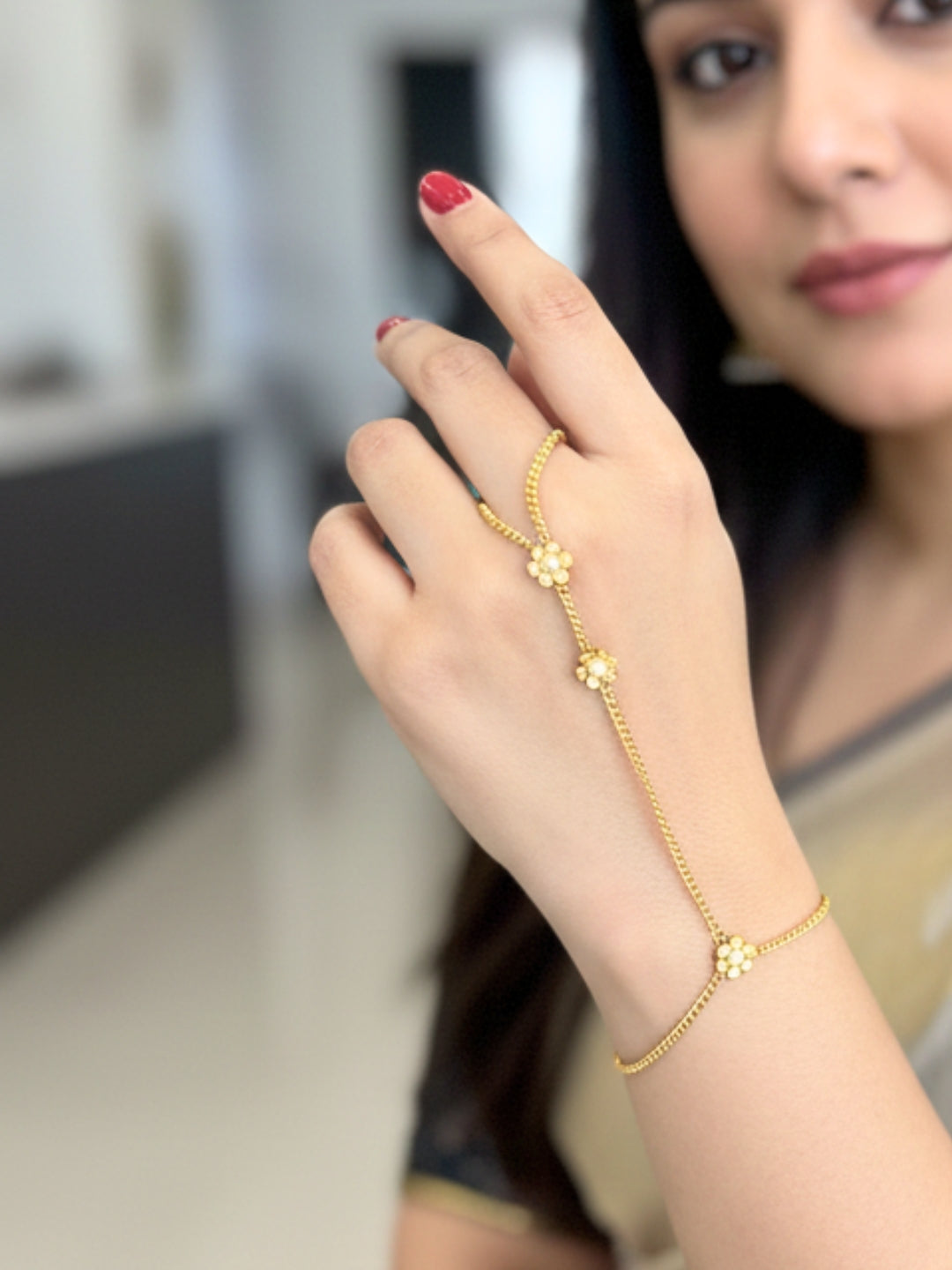 Gold-Plated Ring Bracelet With Hathphool (One Hand Only)