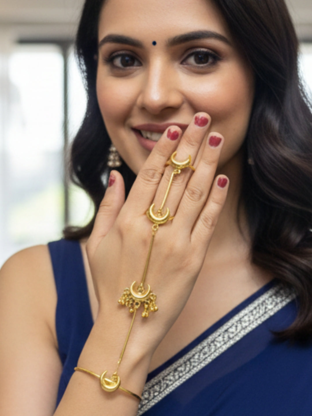 Gold-Plated Double Ring Bracelet With Hathphool (One Hand Only)