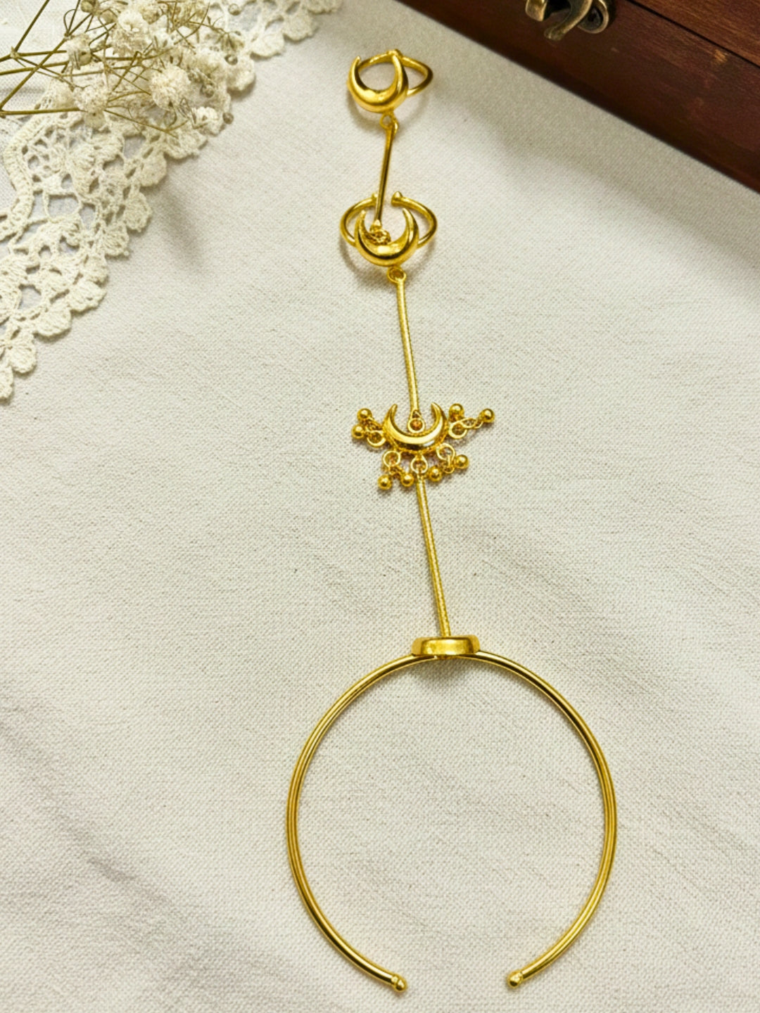 Gold-Plated Double Ring Bracelet With Hathphool (One Hand Only)