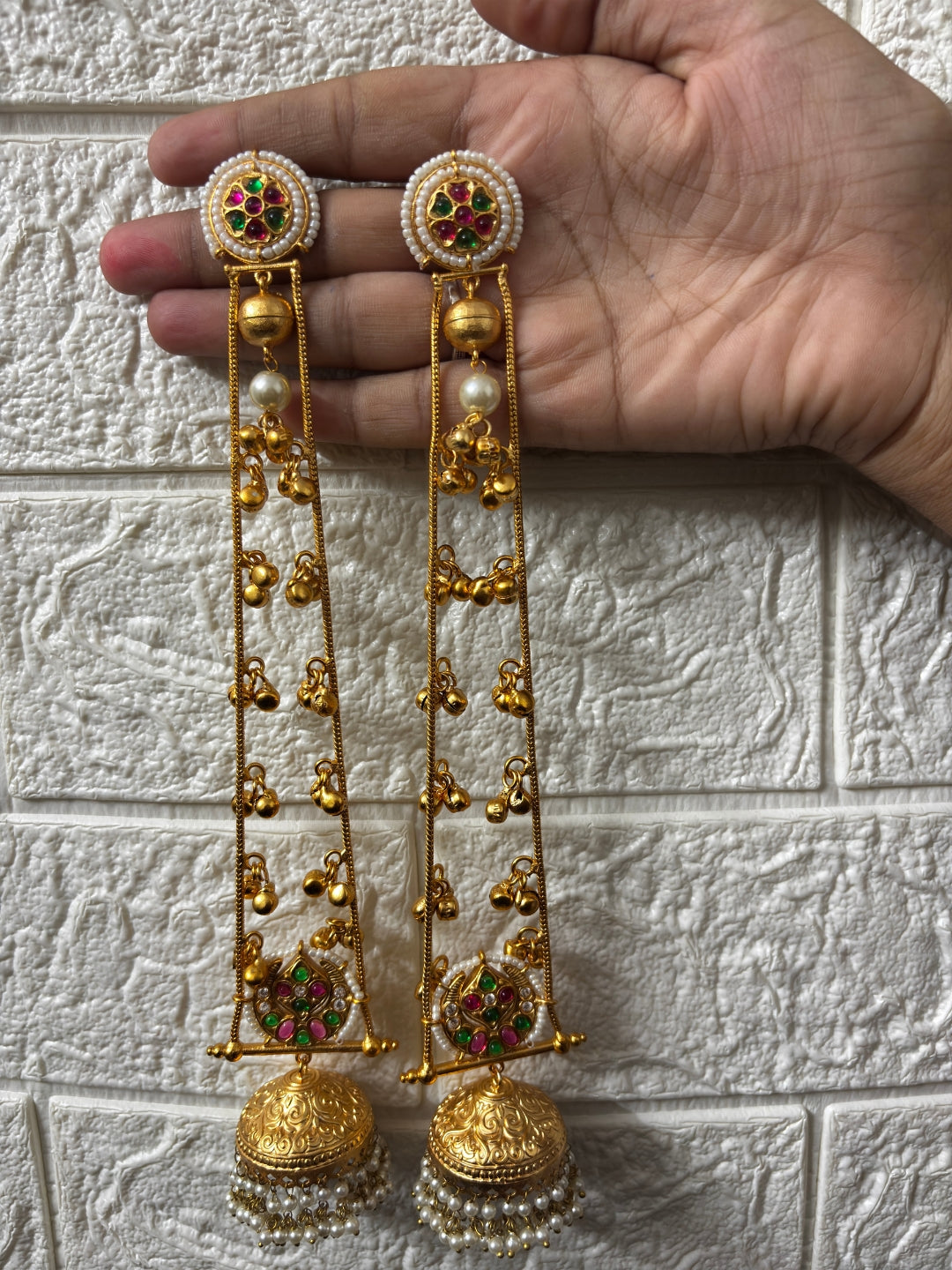 VIVAZS Gold Plated Kashmiri Long Drop Earrings(Pink and Green)