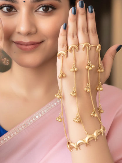 Gold-Plated Ring Chand Bracelet With Hathphool (One Hand Only)