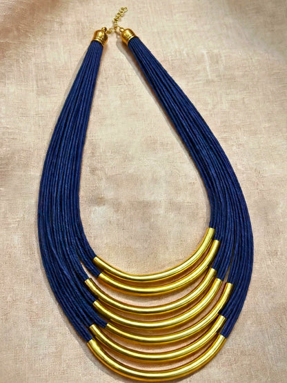 Gold-Plated Oxidised Statement Blue Thread Layered Jute Necklace