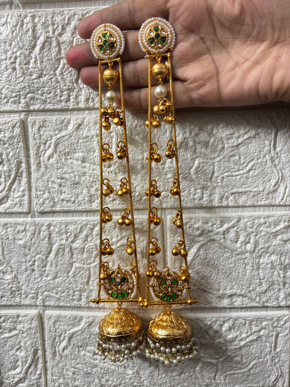 VIVAZS Gold Plated Kashmiri Long Drop Earrings(Green and White)