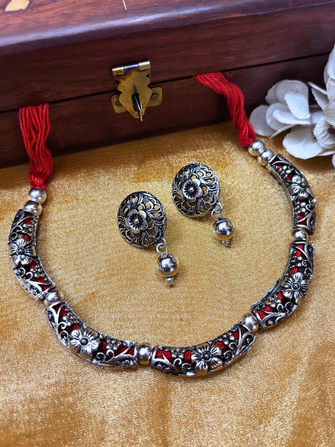 VIVAZS Silver-Plated Oxidized Choker Necklace Set