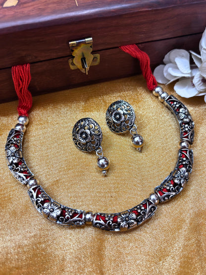 VIVAZS Silver-Plated Oxidized Choker Necklace Set