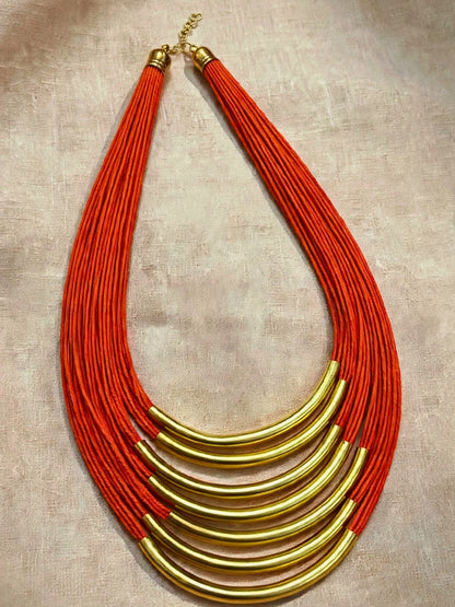 Gold-Plated Oxidised Statement Orange Thread Layered Jute Necklace
