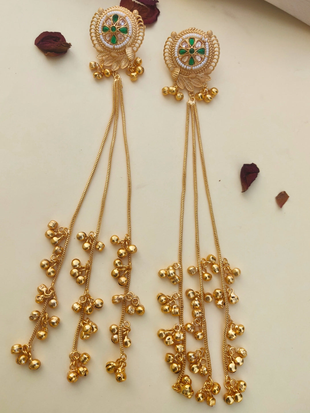 VIVAZS Kashmiri Long Drop Earrings Jhumka (Green and White)