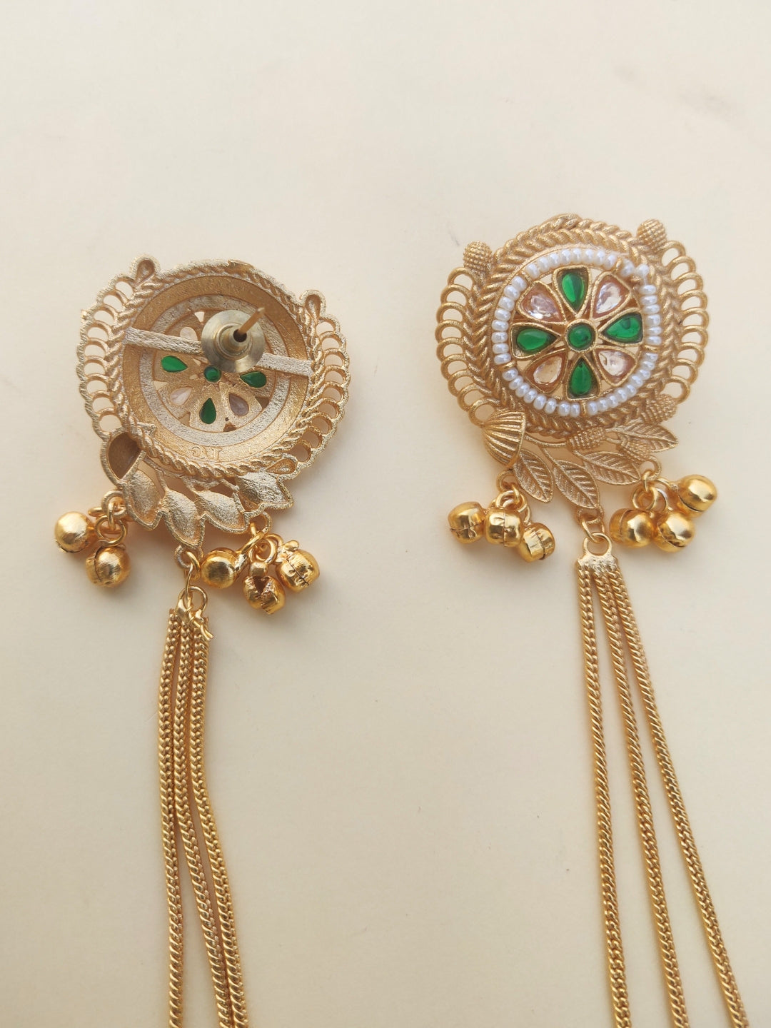 VIVAZS Kashmiri Long Drop Earrings Jhumka (Green and White)