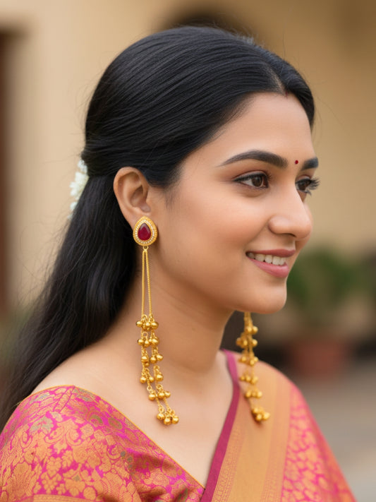 VIVAZS Kashmiri AD Long Drop Earrings (Red)