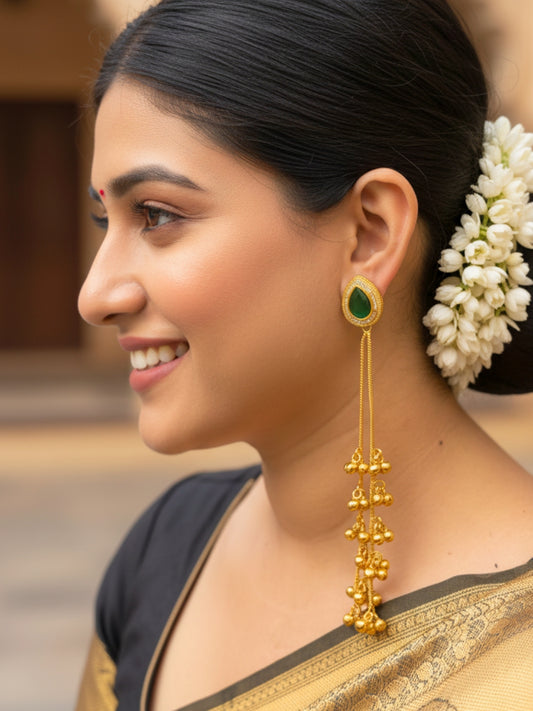 VIVAZS Kashmiri AD Long Drop Earrings (Green)