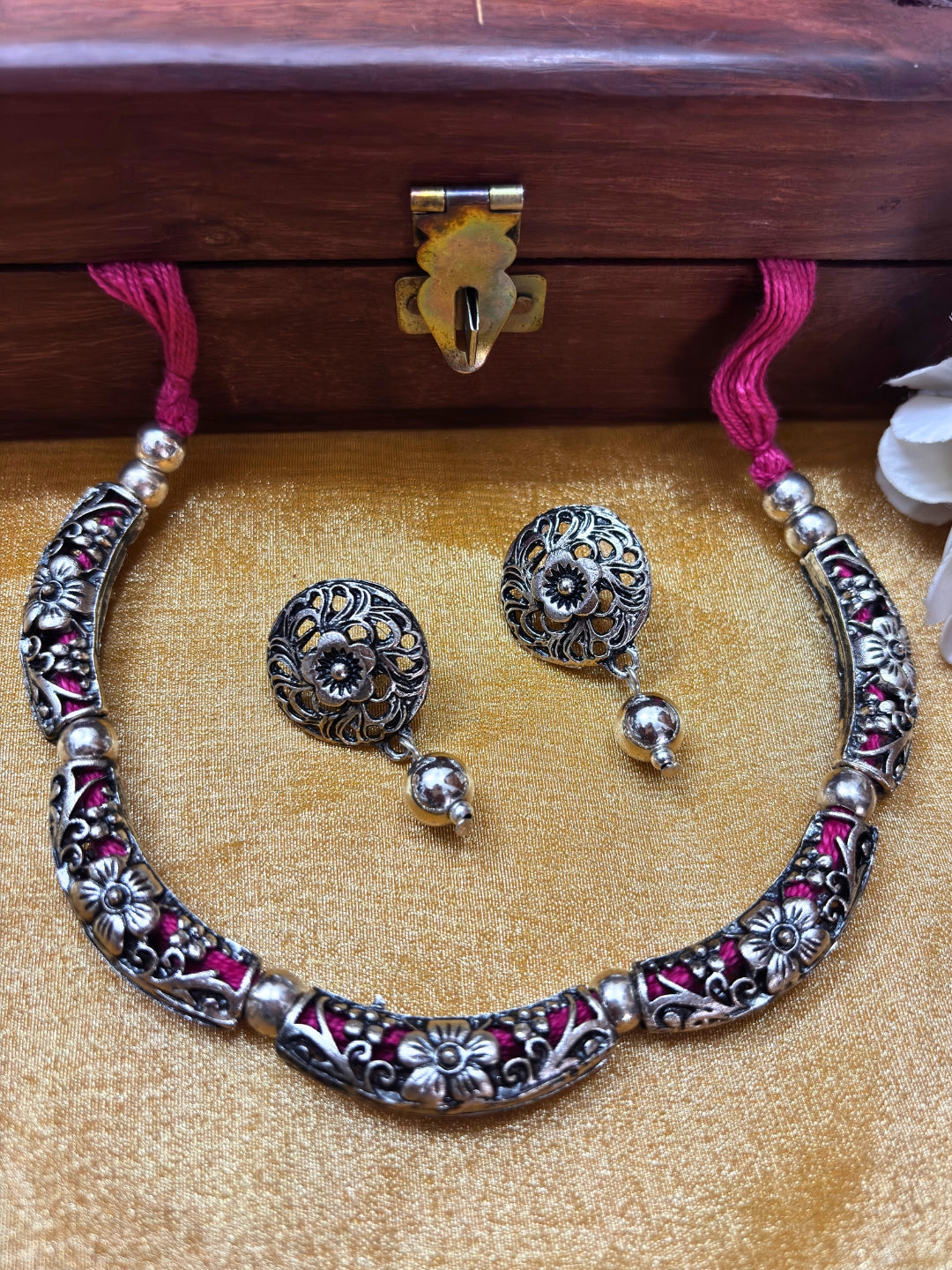 VIVAZS Silver-Plated Oxidized Choker Necklace Set