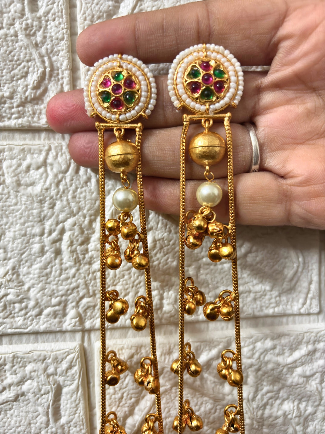 VIVAZS Gold Plated Kashmiri Long Drop Earrings(Pink and Green)
