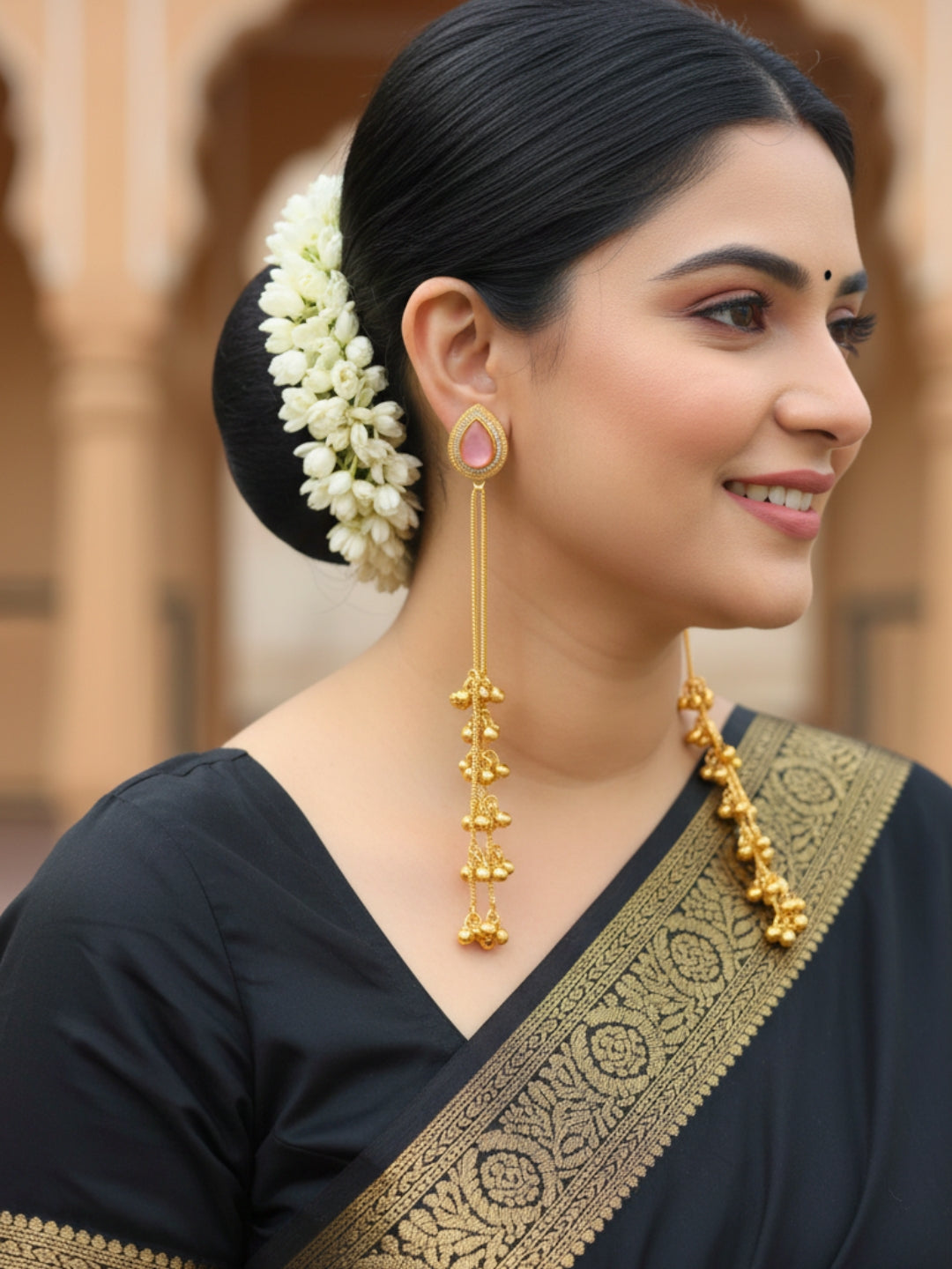 VIVAZS Kashmiri AD Long Drop Earrings (Pink)