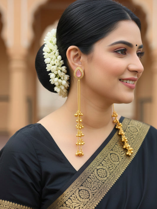 VIVAZS Kashmiri AD Long Drop Earrings (Pink)