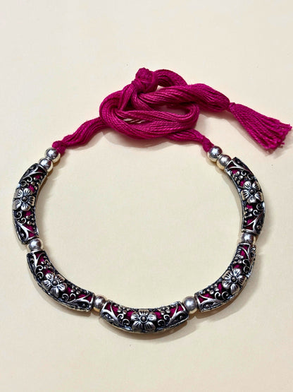 VIVAZS Silver-Plated Oxidized Choker Necklace Set