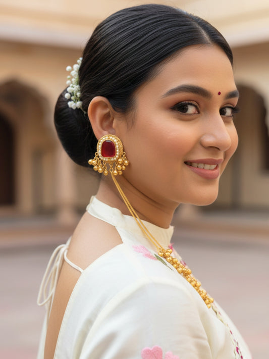 VIVAZS Kashmiri Long Drop Earrings (Red stone)