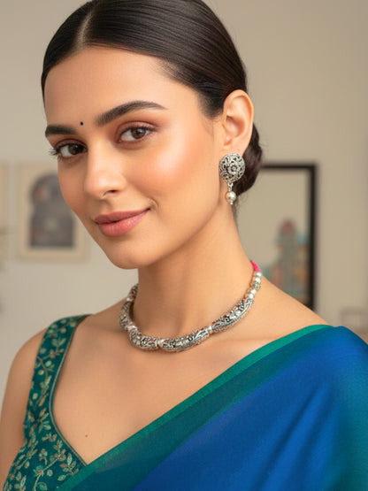 VIVAZS Silver-Plated Oxidized Choker Necklace Set