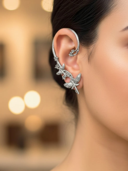 VIVAZS Silver Plated Butterfly Contemporary Ear Cuff Earrings