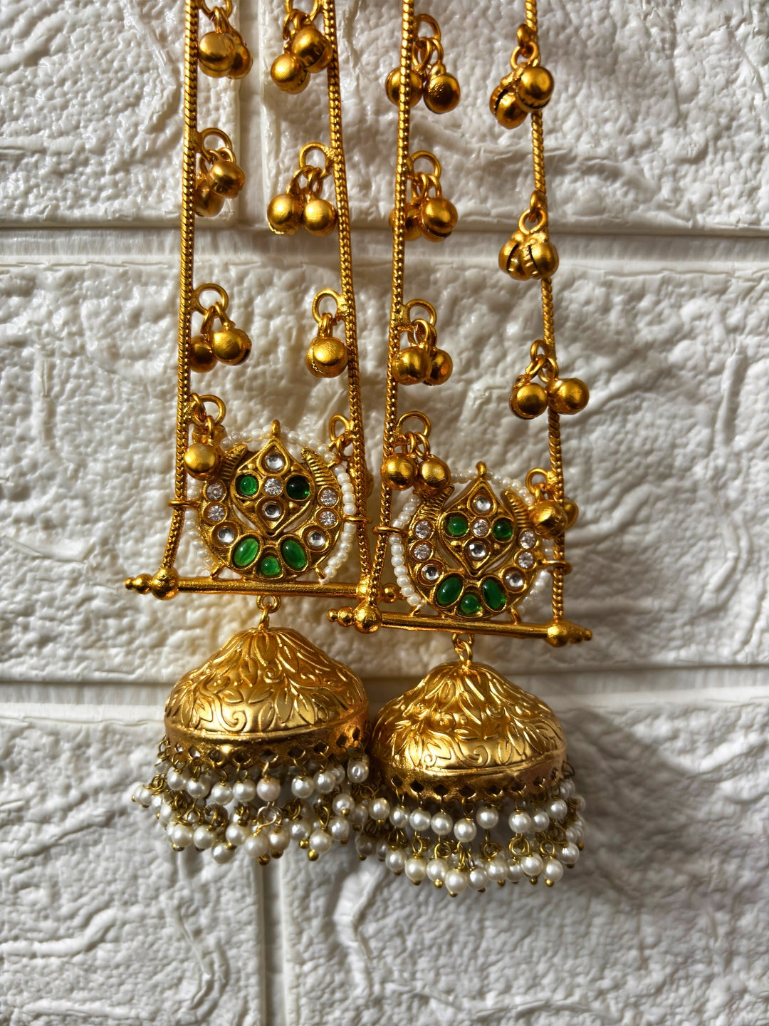 VIVAZS Gold Plated Kashmiri Long Drop Earrings(Green and White)