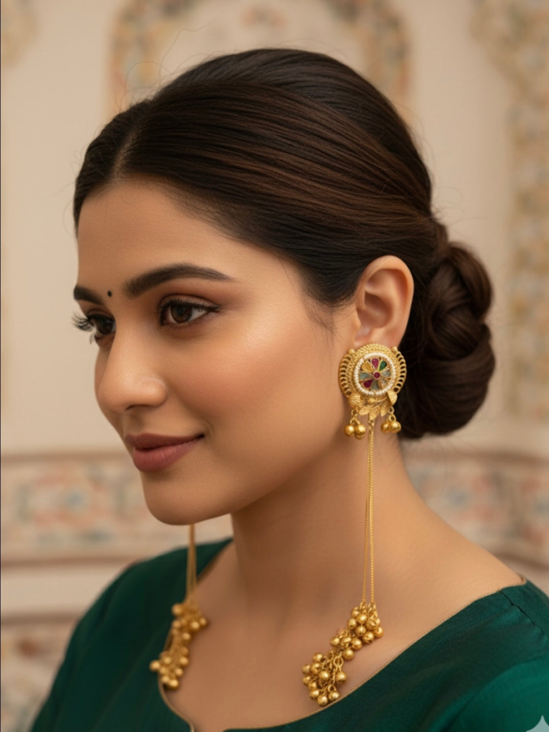 VIVAZS Kashmiri Long Drop Earrings (Navratan color)