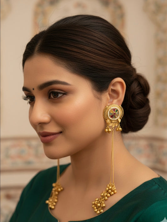 VIVAZS Kashmiri Long Drop Earrings (Navratan color)