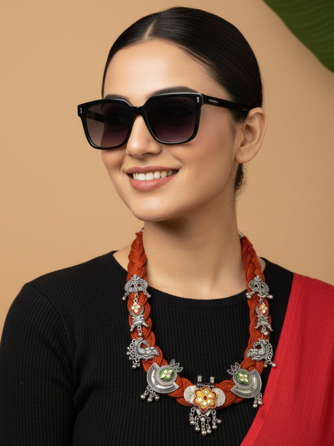 VIVAZS Brass And Jute Oxidised Silver Kundan Studded Crochet Necklace (Rust)
