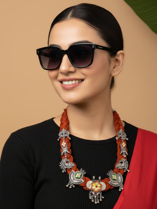 VIVAZS Brass And Jute Oxidised Silver Kundan Studded Crochet Necklace (Rust)