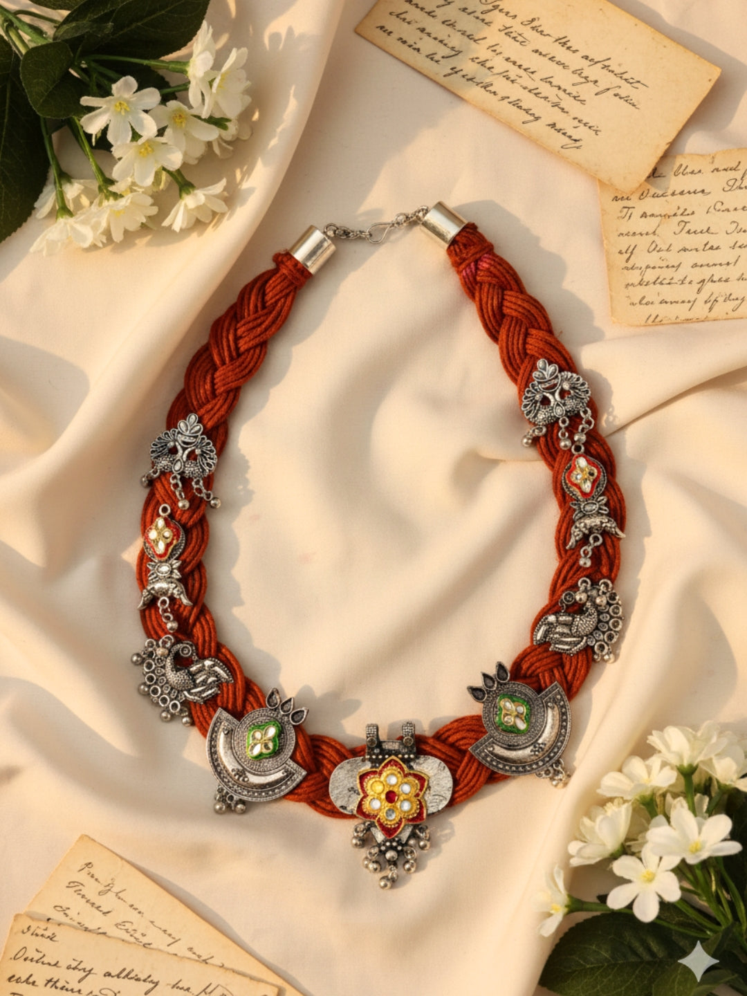 VIVAZS Brass And Jute Oxidised Silver Kundan Studded Crochet Necklace (Rust)
