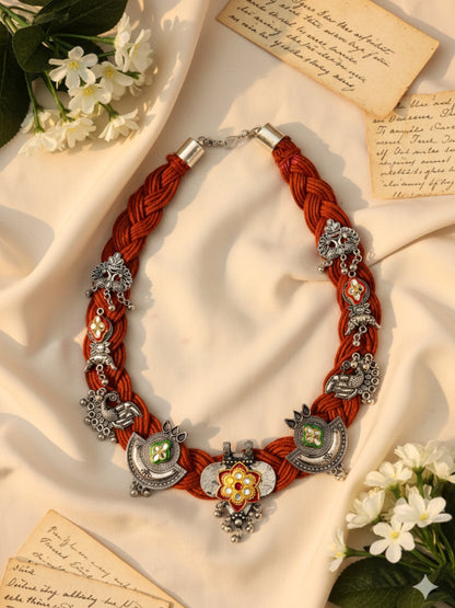 VIVAZS Brass And Jute Oxidised Silver Kundan Studded Crochet Necklace (Rust)