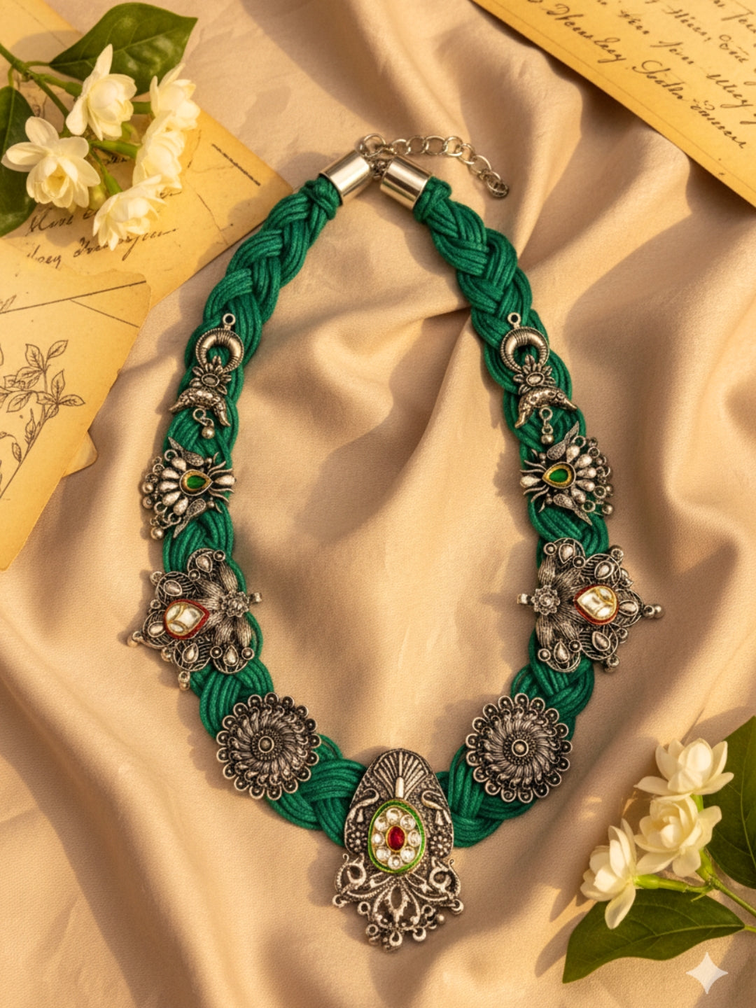 VIVAZS Brass And Jute Oxidised Silver Kundan Studded Crochet Necklace