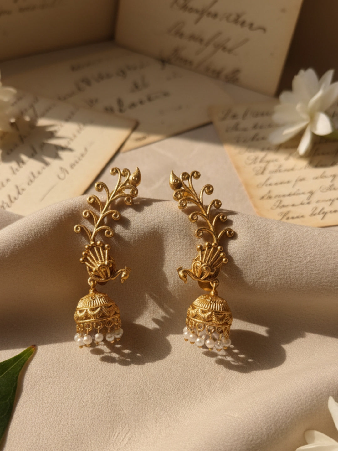 VIVAZS Gold Plated Peacock Earcuff Shaped Jhumkas Earrings