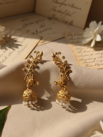 VIVAZS Gold Plated Peacock Earcuff Shaped Jhumkas Earrings