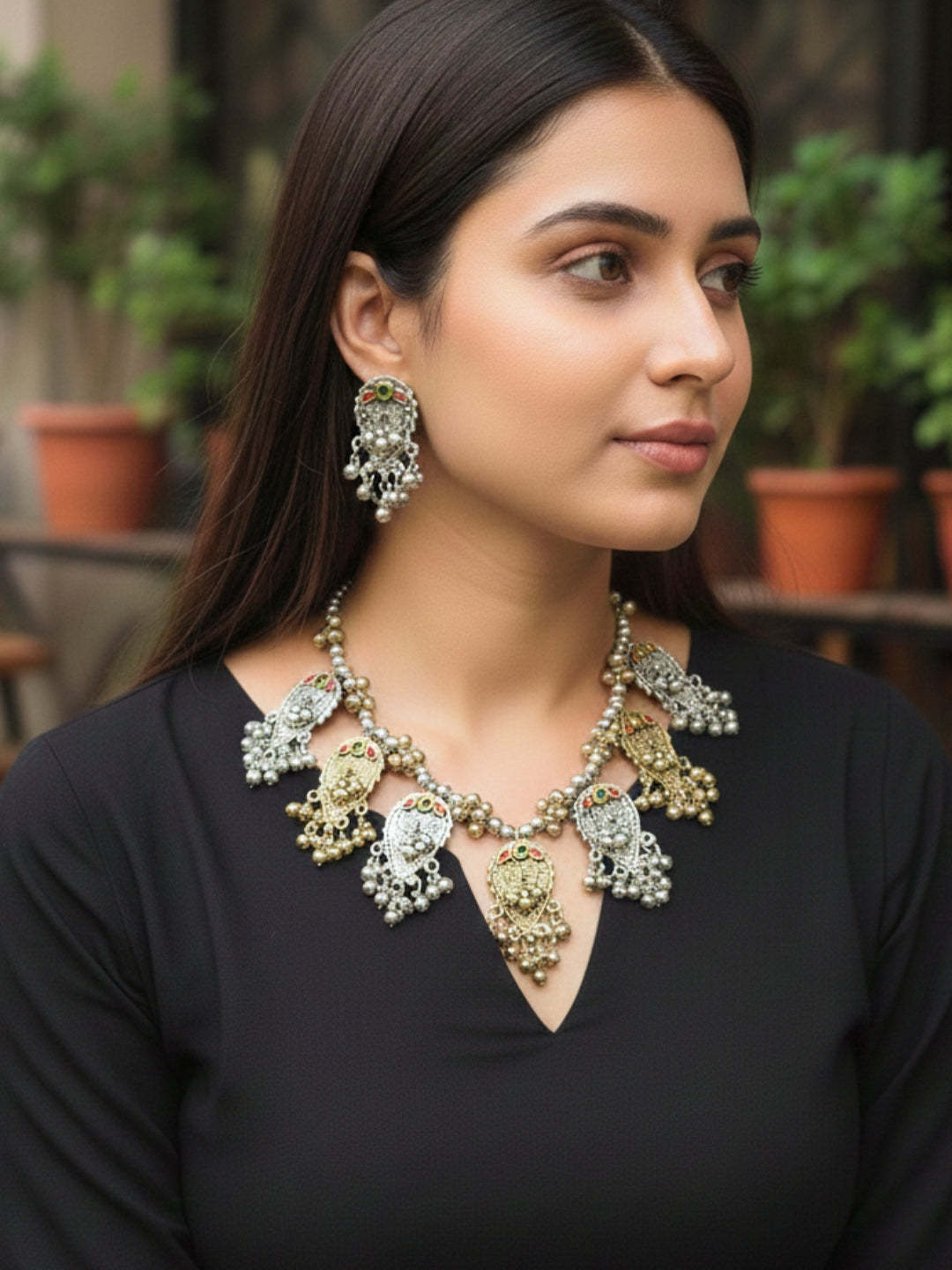 Oxidised Dual Tone Silver Plated Oxidised Jewellery Set