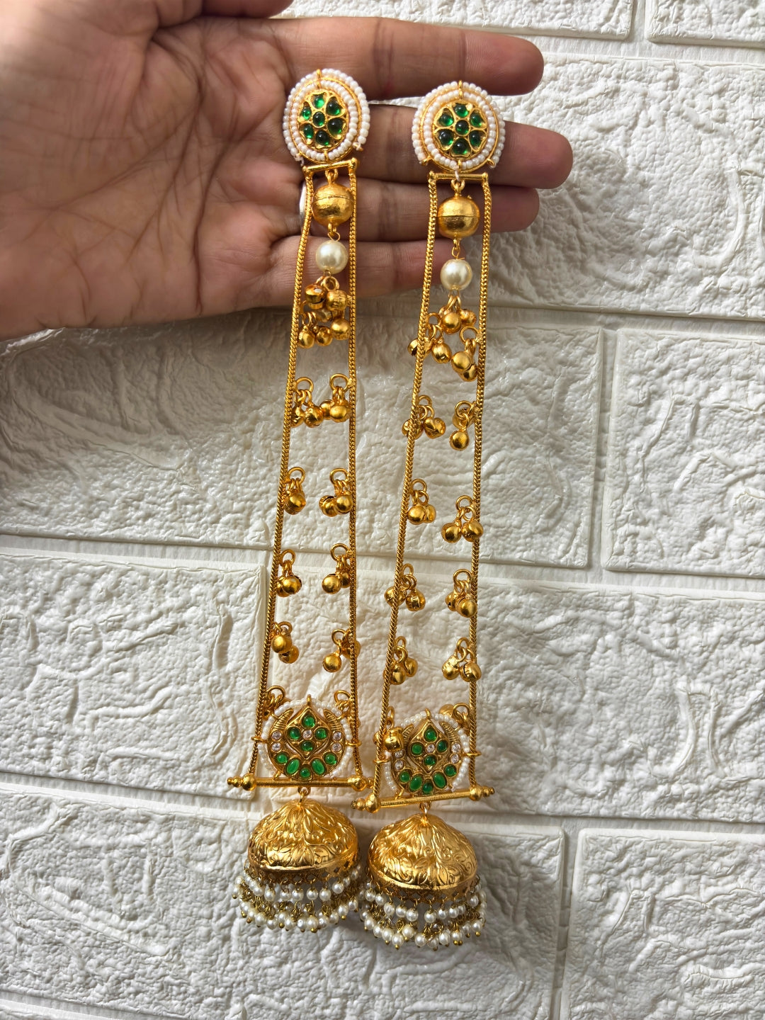 VIVAZS Gold Plated Kashmiri Long Drop Earrings(Green)