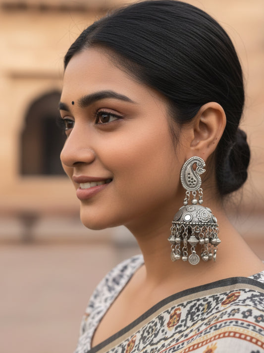 VIVAZS Women Oxidized Silver Contemporary Jhumkas Earring