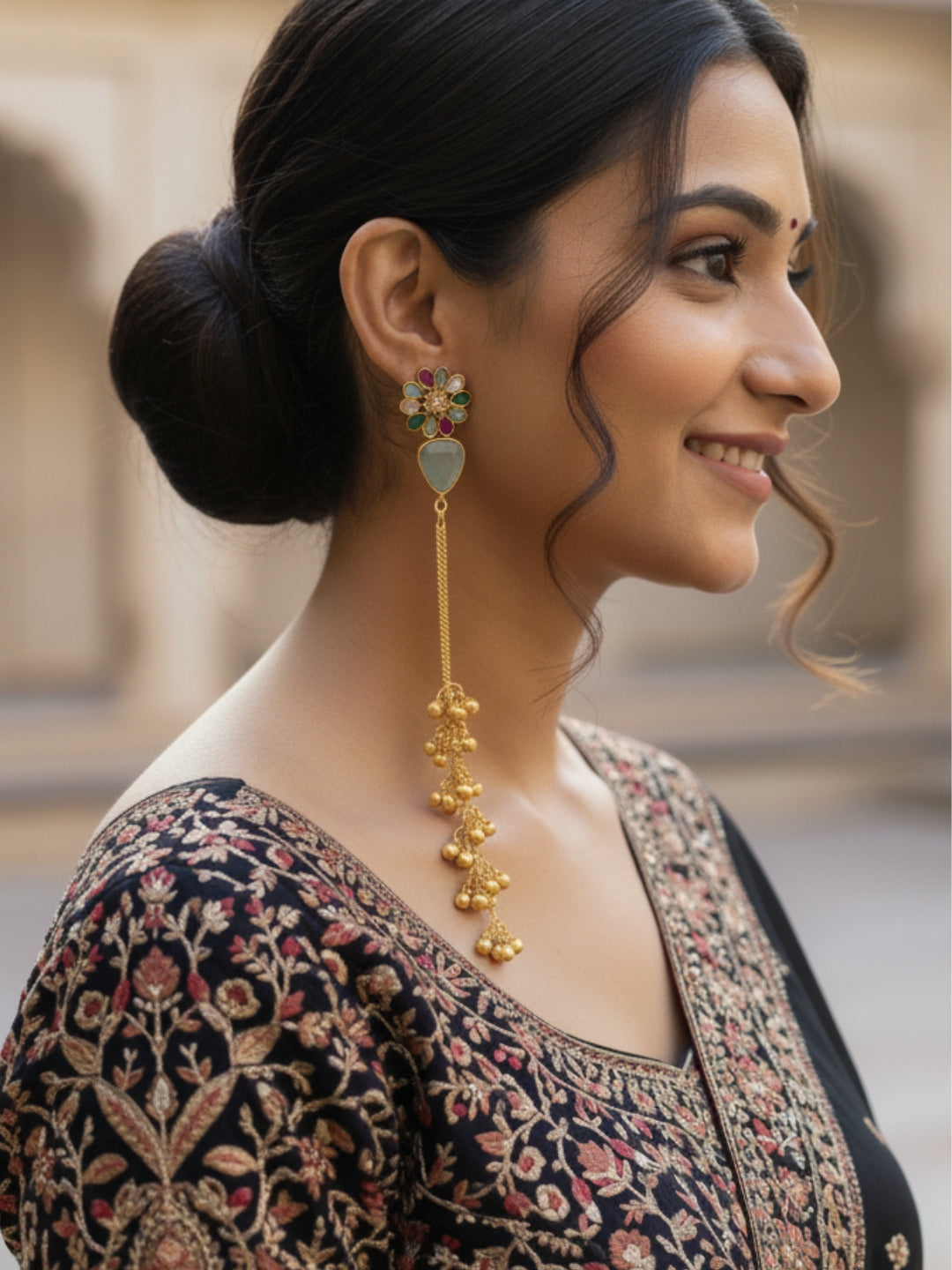 VIVAZS Kashmiri Long Drop Floral Earrings (Sky Blue)