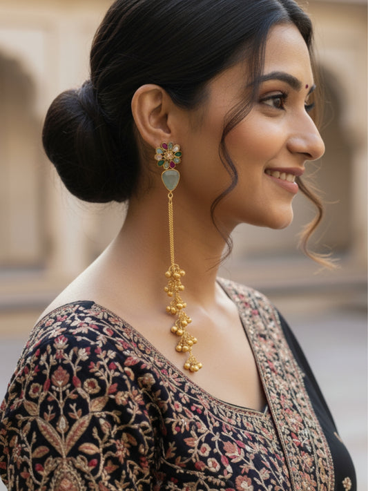 VIVAZS Kashmiri Long Drop Floral Earrings (Sky Blue)